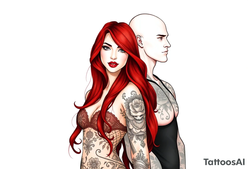 Woman with long red hair and red lipstick with lots of tattoos with  a bald muscular white man with tattoos getting married tattoo idea