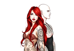 Woman with long red hair and red lipstick with lots of tattoos with  a bald muscular white man with tattoos getting married tattoo idea