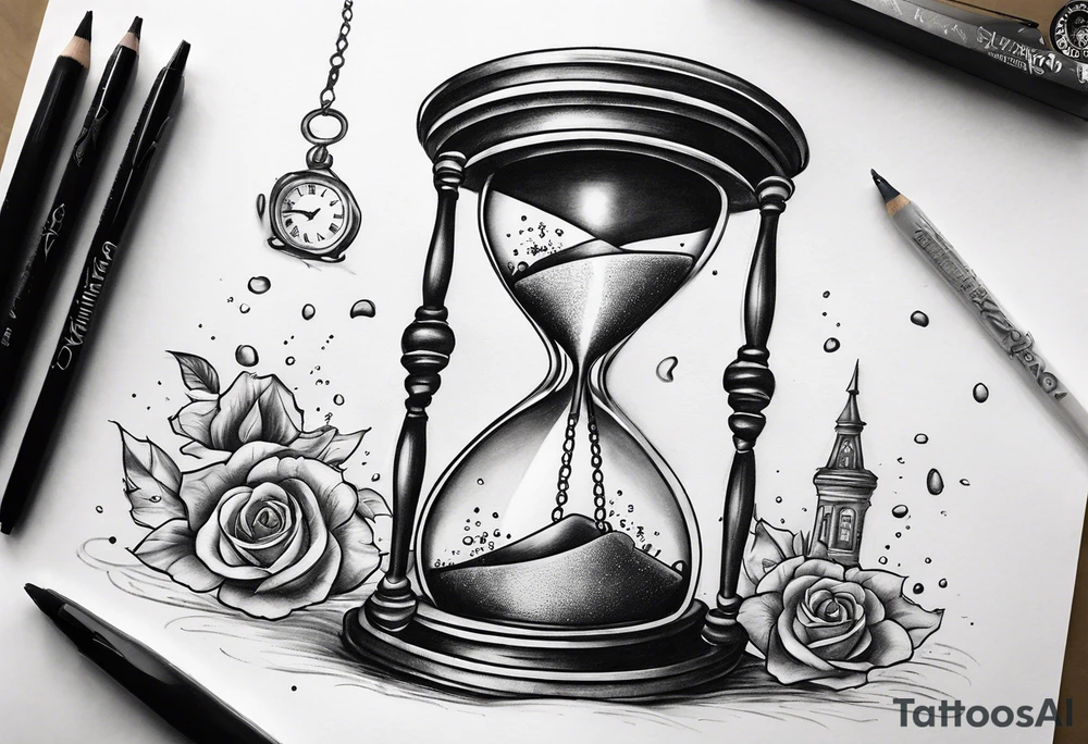 draw me a clock hourglass with numbers falling from the clock. in the hourglass tattoo idea