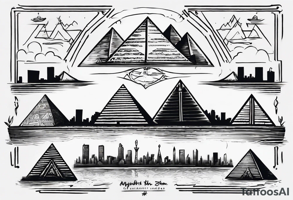 design featuring the Pyramids of Giza gracefully merging with the Manhattan skyline. Integrate the Nile River flowing into the Hudson River to symbolize your cultural journey. Keep the design clean and impactful, focusing on key elements to maintain a timeless and meaningful representation of your identity and experiences. tattoo idea