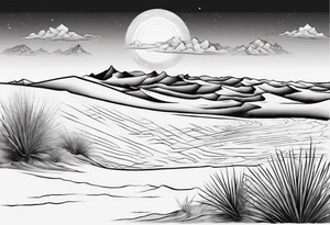 "Design a tattoo depicting a distant view of a vast desert landscape with low, undulating sand dunes. tattoo idea