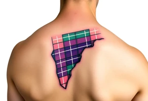 arm Dark Purple with green pink blue and white highlights tartan fabric with flesh peeling away at edges tattoo idea