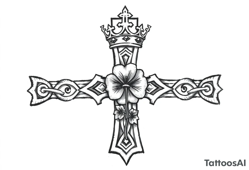 a small celtic cross with a crown and a clover tattoo idea