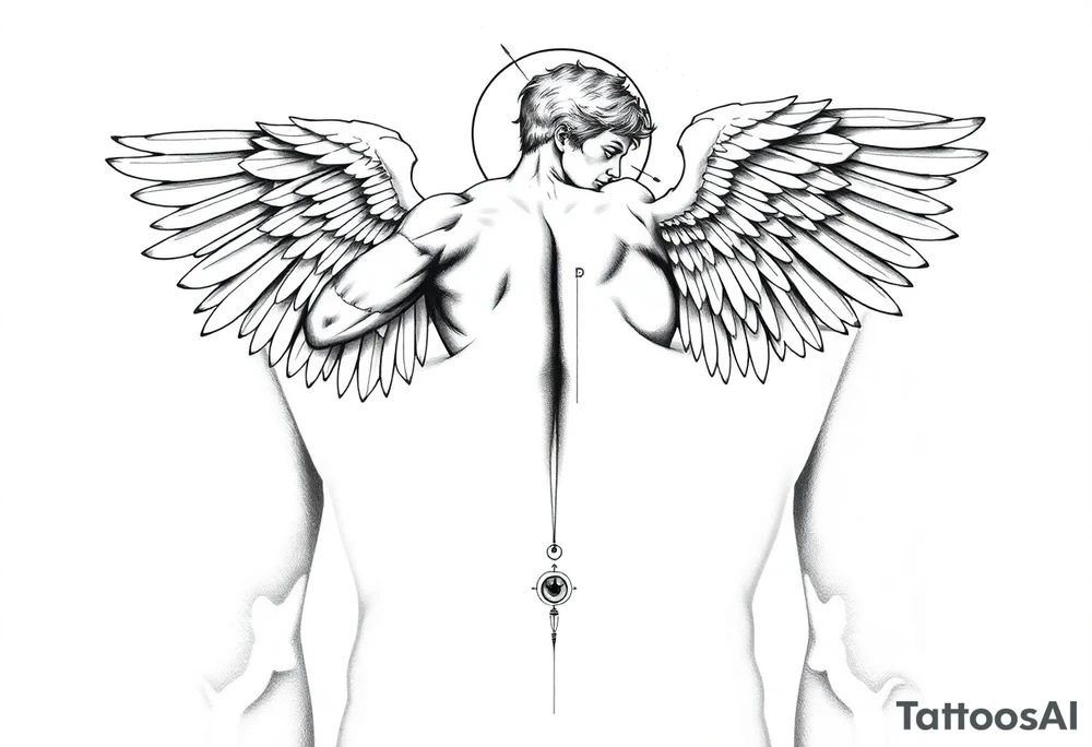 Highly detailed tattoo design in black and white, combining classical anatomy illustration and surreal symbolism. Depict a muscular male angel with large, detailed wings, in a dramatic dynamic pose, inspired by mythological figures like Icarus or Prometheus. Add subtle broken or fragmented body parts effect, thin geometric lines and circles as in sacred geometry, and surreal horror details like abstract eyes with dripping ink. Linework should be precise and clean, with a mix of fine sketch shading and bold outlines. Style similar to fine art etching mixed with modern minimal tattoo art, high contrast, no background. tattoo idea