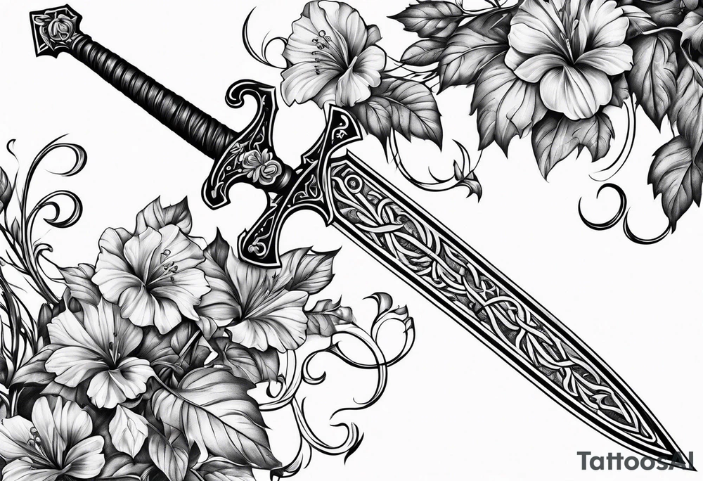 Leafy vines with sword tattoo idea