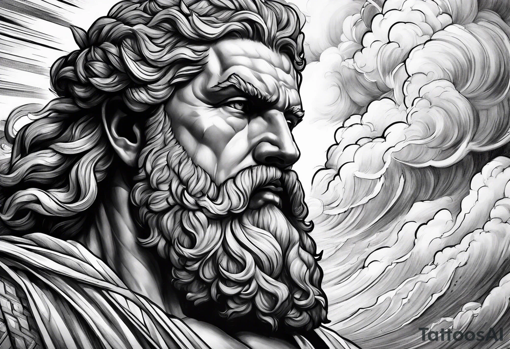 Zeus in surrounded by a storm tattoo idea