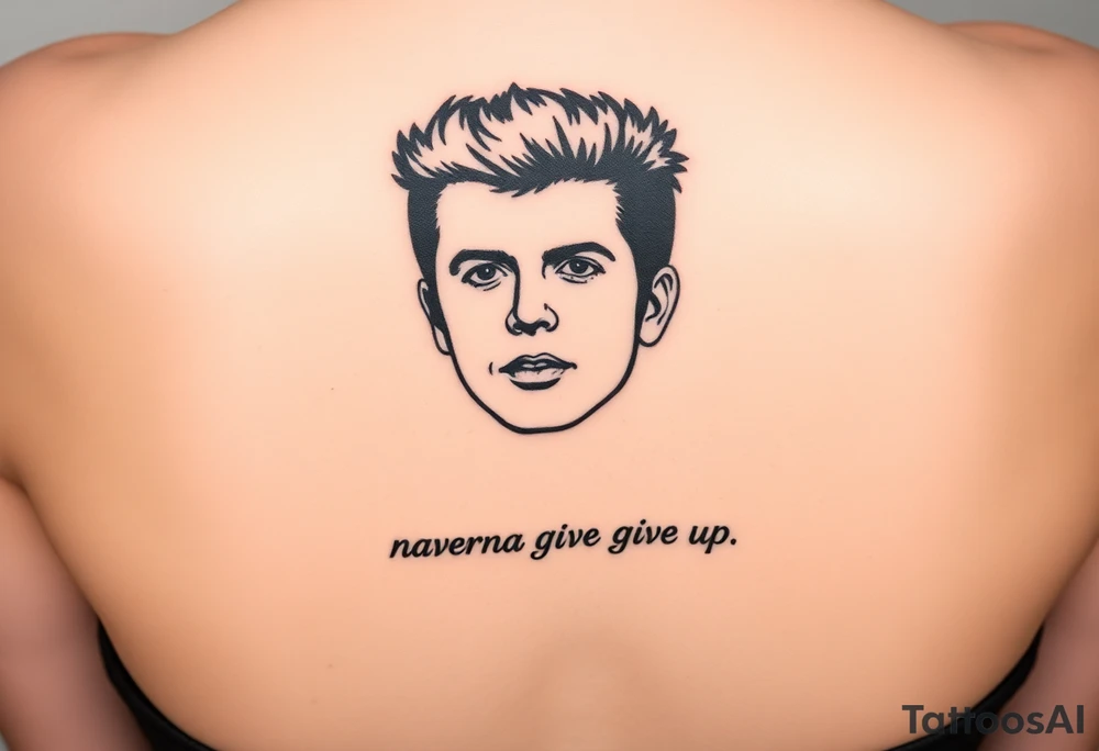 Rick Astley's Face outline with text Never Gonna Give You Up tattoo idea