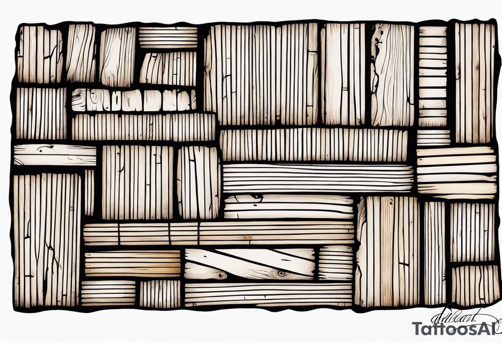 A whimsical composition of found wooden planks and boards,
woven into a tapestry of forgotten stories and weathered dreams,
where wood becomes the medium for artistic tales. tattoo idea