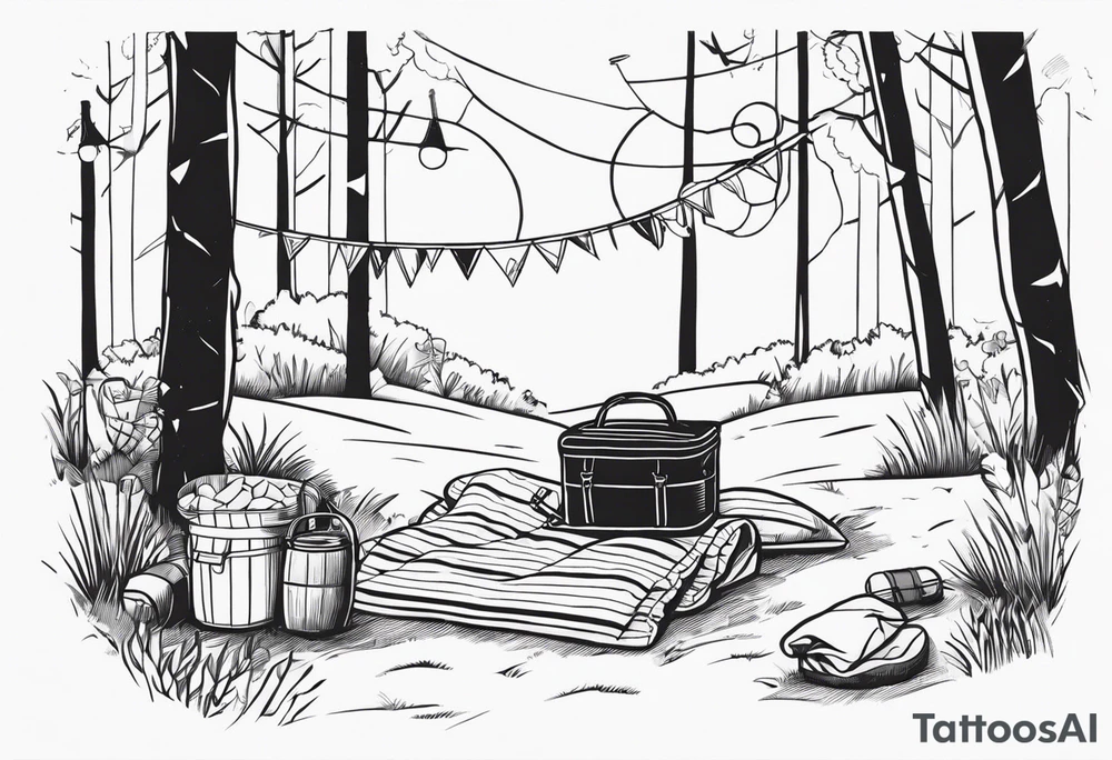 minimalstic picnic scene in a forest with a blanket on the ground with one picnic-basket, one backpack, pillows and party pennants. Thin lines. tattoo idea