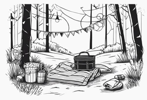 minimalstic picnic scene in a forest with a blanket on the ground with one picnic-basket, one backpack, pillows and party pennants. Thin lines. tattoo idea