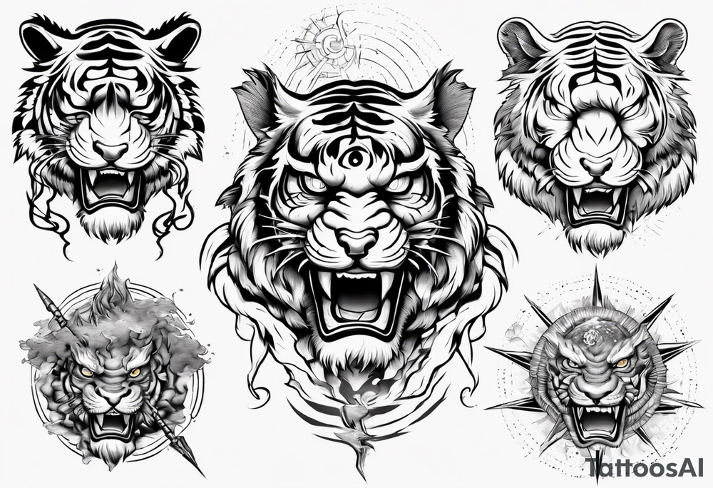 Tiger warrior with lightning and the sun for a forearm sleeve tattoo idea