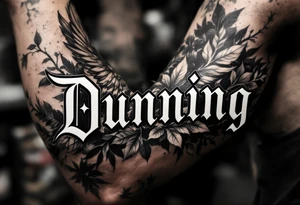 Dunning, left forearm details include angel wing, greek type of font,jungle leaves, name in white color tattoo idea