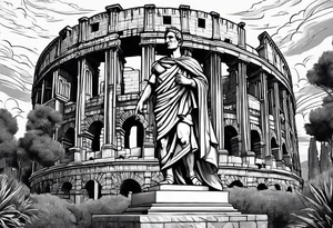 Julius Caesar statue in front of the Roman colosseum tattoo idea