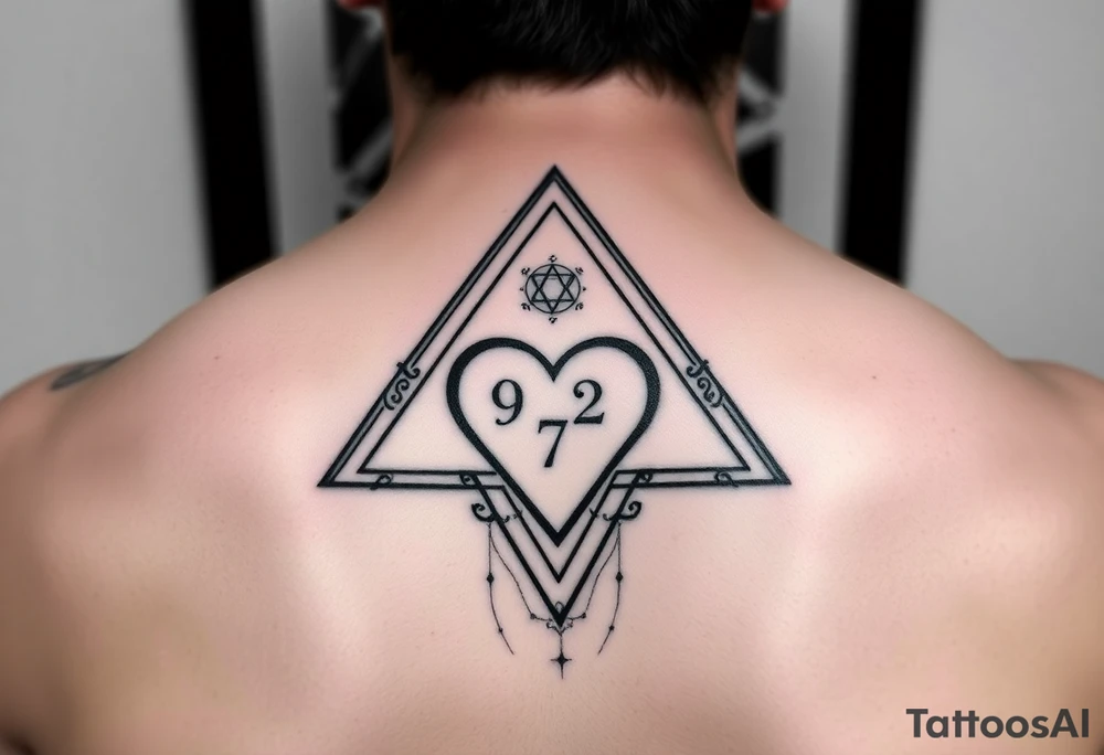 A triangle with a heart over the middle of the center with a 9, 2 and 7 tattoo idea