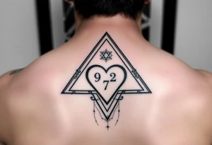 A triangle with a heart over the middle of the center with a 9, 2 and 7 tattoo idea