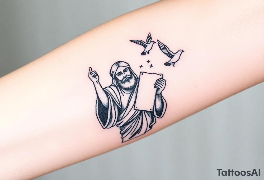 Moses holding the Ten Commandments with doves flying nearby tattoo idea