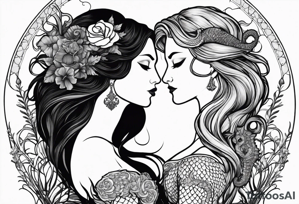 Seahorse side profile big evil and mermaid looking at eachother side profile. Mermaid to show scales and tattooed skin, long hair, horns, crown, trident. Grass reeds and flowers around both tattoo idea