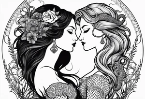 Seahorse side profile big evil and mermaid looking at eachother side profile. Mermaid to show scales and tattooed skin, long hair, horns, crown, trident. Grass reeds and flowers around both tattoo idea