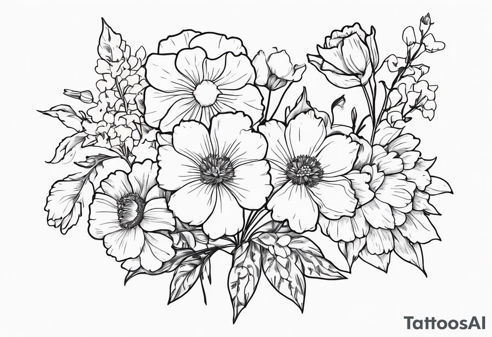Bouquet of flowers with Two carnations, Two daffodils, One snowdrop, One hawthorn flower, Two honeysuckle blooms, One rose, One chrysanthemum, one cosmos, one marigold, one morning glory, one aster tattoo idea