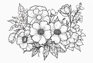 Bouquet of flowers with Two carnations, Two daffodils, One snowdrop, One hawthorn flower, Two honeysuckle blooms, One rose, One chrysanthemum, one cosmos, one marigold, one morning glory, one aster tattoo idea