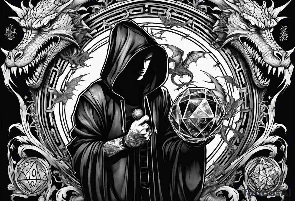 Hooded figure holding a D20, surrounded by a dragon tattoo idea
