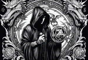 Hooded figure holding a D20, surrounded by a dragon tattoo idea