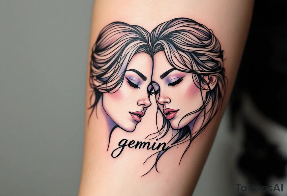 A continuous line drawing of twin faces, flowing together in a smooth and modern design with subtle pastel highlights with word "gemini" tattoo idea