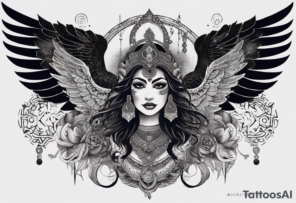 black kali, goddess pirate, alien, angel, pachamama, valkrye, warrior, flying, skull, lotus azul, wing, eagle, zenza resonance, stars, 5D, anahata chakra, death, durga, riding on a tiger, flying lady, kundalini, chest tatoo, samuri, rebel,serpent tattoo idea