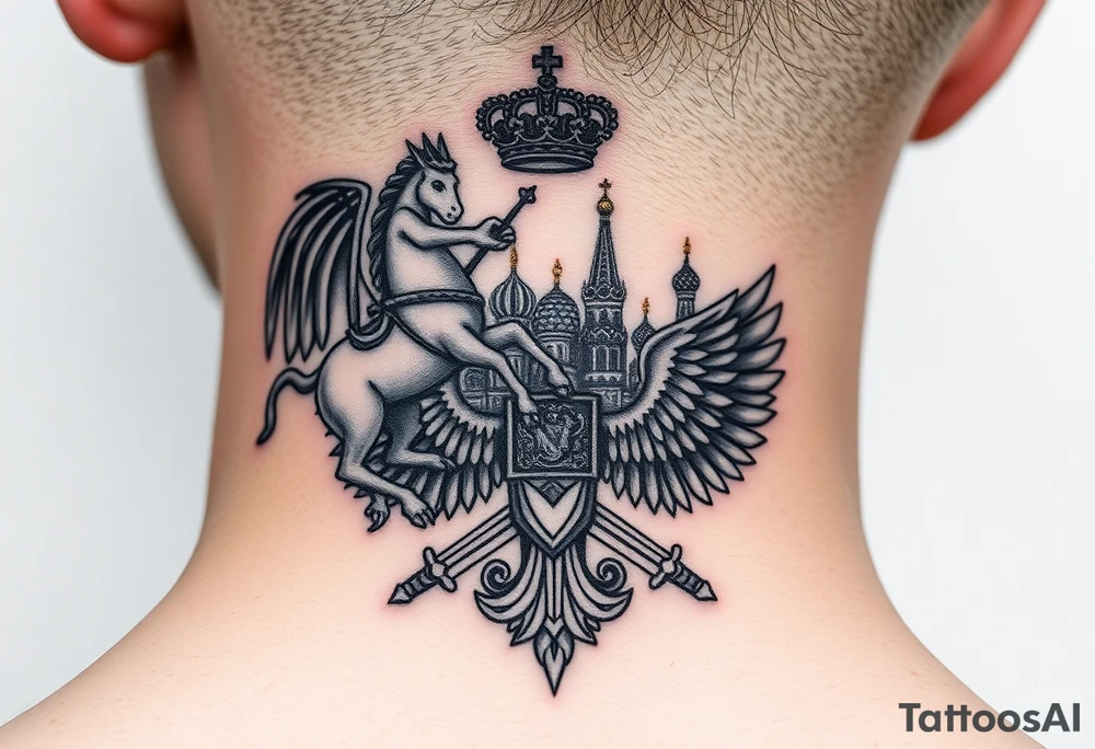 St. George slaying the dragon (hugely common in Russian Orthodox art)
Russian imperial crown above the eagle
Crossed swords or a Russian sabre
The Kremlin or St. Basil's Cathedral scene tattoo idea