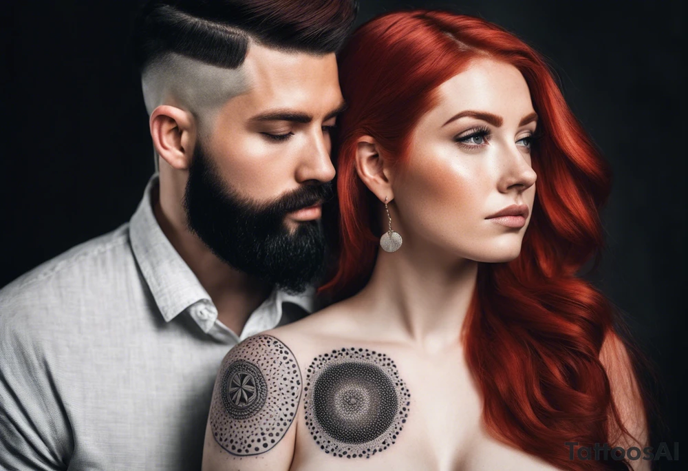 Busty red haired woman with a bearded man who has black hair tattoo idea