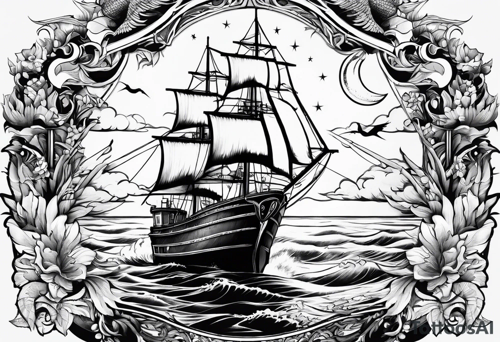 bateau, phare maritime, phoenix et lune bleu. tattoo idea bateau, phare maritime, phoenix et lune bleu. tattoo idea