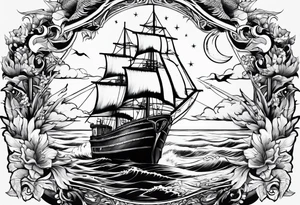 bateau, phare maritime, phoenix et lune bleu. tattoo idea