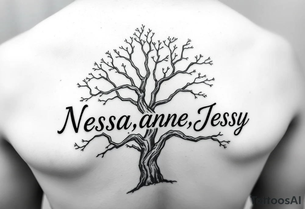 the name Nessa, Anne, Jessy
 on a live tree tattoo idea
