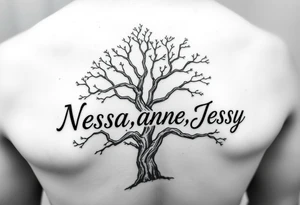 the name Nessa, Anne, Jessy
 on a live tree tattoo idea