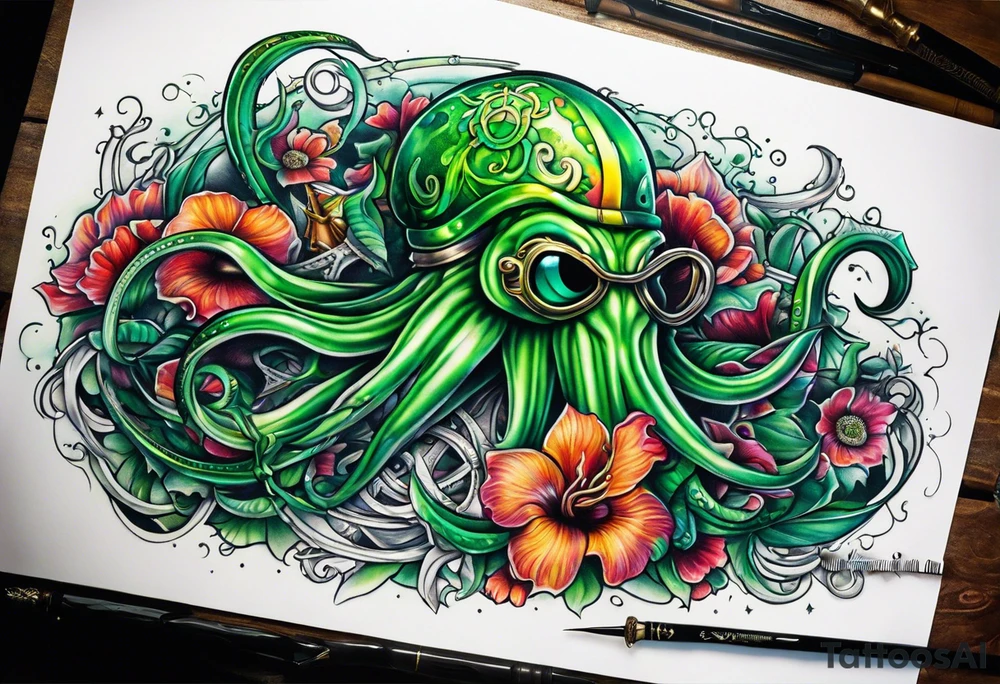 green squid with eyepatch holding sword and anchor tattoo idea