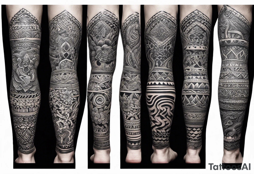 Hindu Sanskrit tribal design on right lower leg, below knee to top of feet for men. No too dark and more thicker lines. Include ancient Hindu animals, like Navagunjara, elephants, naina snake 5 heads. tattoo idea