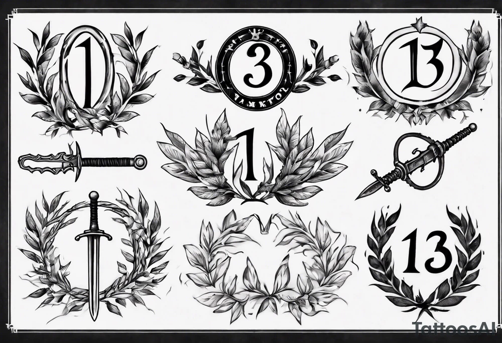 memorial tattoo using number 13, a sword, laurel leaf wreath, amor fati tattoo idea
