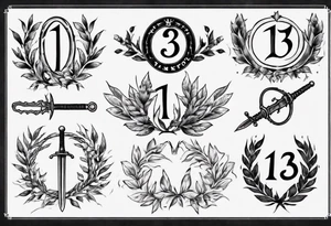 memorial tattoo using number 13, a sword, laurel leaf wreath, amor fati tattoo idea