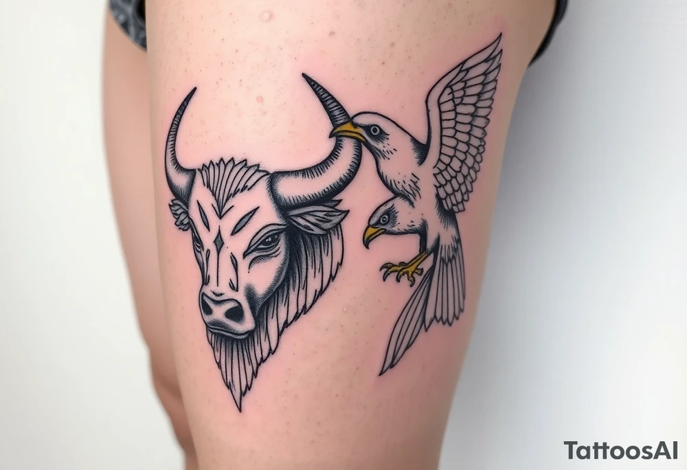 A bull and a falcon  with ancient Egyptian mythology, as ruled by Venus in western zodiac, tattoo idea