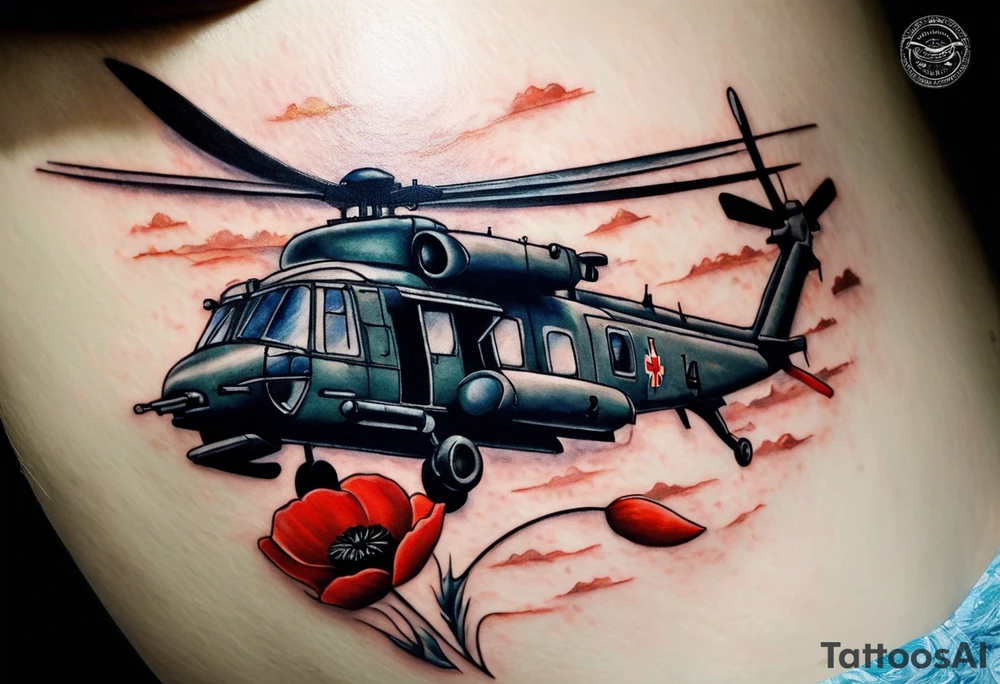 A cinematic-style tattoo depicting a Canadian military CH-148 Cyclone helicopter performing a daring maneuver over a turbulent ocean. The sky should be filled with dramatic clouds, and the sun should be setting, casting long shadows. The helicopter should be the main focus, with intricate details and a sense of motion. In the background, a poppy should be prominently displayed, and a quote from 'Lest We Forget' should be included, black and white tattoo idea