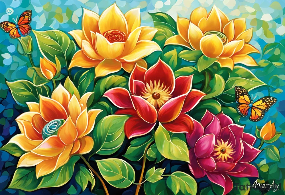 - Three flowers: Choose three different flowers to represent each of your children - a rose for Aniya, a sunflower for Amari, and a lotus for Ameer.
- Vines and leaves: Include intertwining vines and leaves to symbolize the growth and connection of your family. Arrange them so that Aniya's vine starts at the bottom, Amari's vine intertwines in the middle, and Ameer's vine wraps around the top.
- Birth times: Use roman numerals to represent the birth times of your children - "IV:LVII" (4:57 am), "VI:LII" (6:51 am), and "V:XXXIII" (5:33 am). Place them near the corresponding flower or within the vines. tattoo idea
