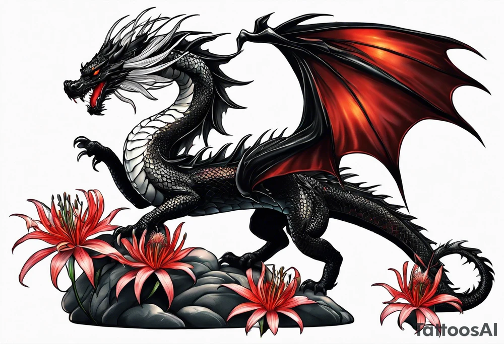 Black dragon. Red spider-lily. Lightning. No background. Arm or Shoulder. tattoo idea