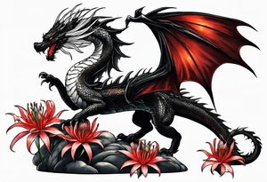 Black dragon. Red spider-lily. Lightning. No background. Arm or Shoulder. tattoo idea