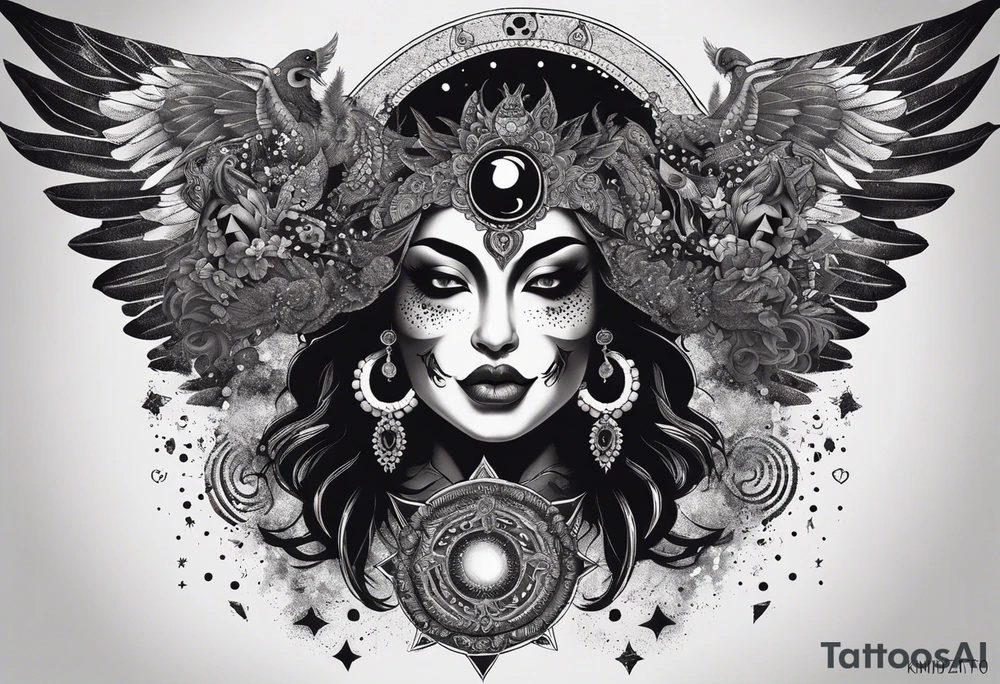 black kali, goddess pirate, alien, angel, pachamama, valkrye, warrior, flying, skull, lotus azul, wing, eagle, zenza resonance, stars, 5D, anahata chakra, death, durga, riding on a tiger, flying lady, kundalini, chest tatoo, samuri, rebel, serpent tattoo idea