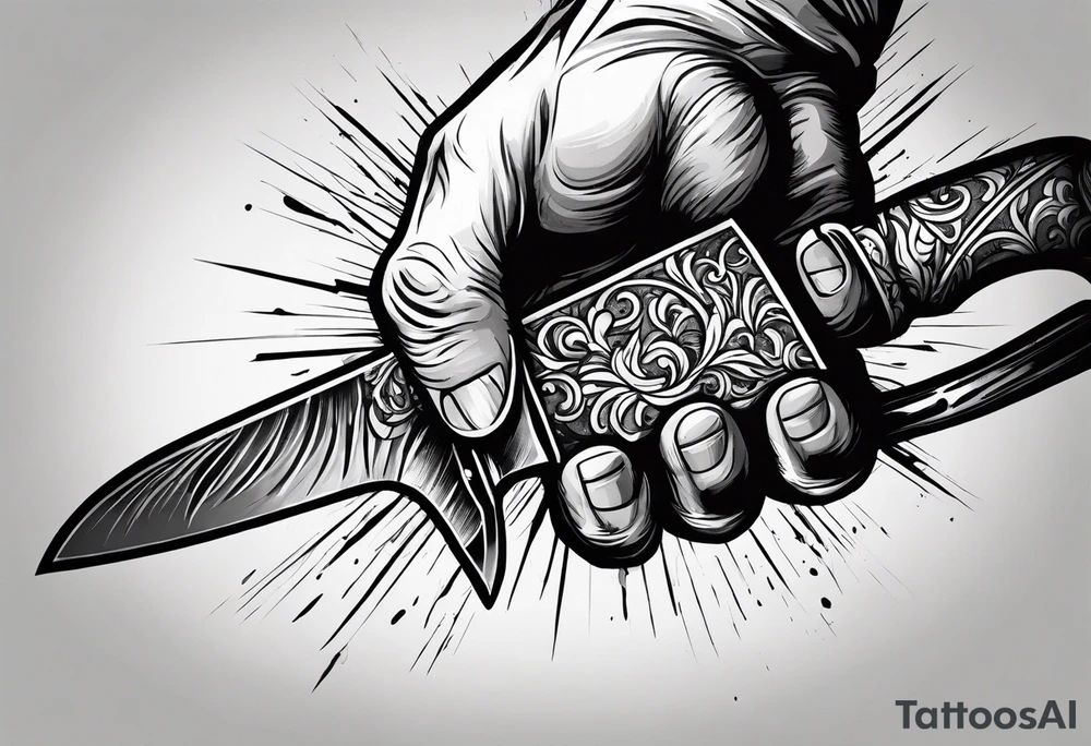 Hand getting stabbed by a knife, knife going through hand, with blood, 3 inches long tattoo idea