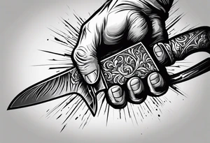Hand getting stabbed by a knife, knife going through hand, with blood, 3 inches long tattoo idea