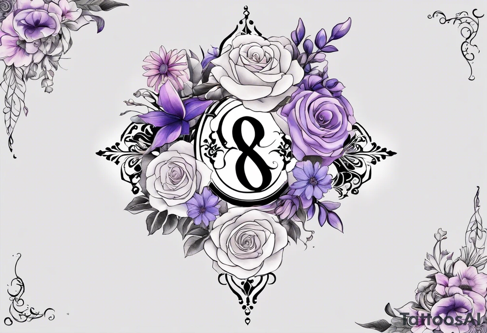 Infinity symbol with violet, rose, larkspur and aster birth flowers on one
 side of the symbol the date 8.30.1997 on the other side tattoo idea