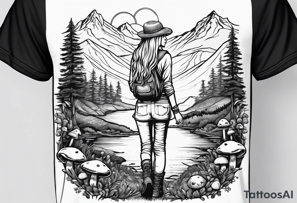 Straight long blonde hair hippie girl in distance holding mushrooms in hand facing away toward mountains and creek surrounded by mushrooms tee shirt and hiking pants tattoo idea