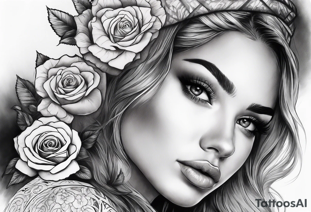 Sleeve with a pretty girls face lace rose and quote tattoo idea
