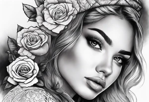 Sleeve with a pretty girls face lace rose and quote tattoo idea